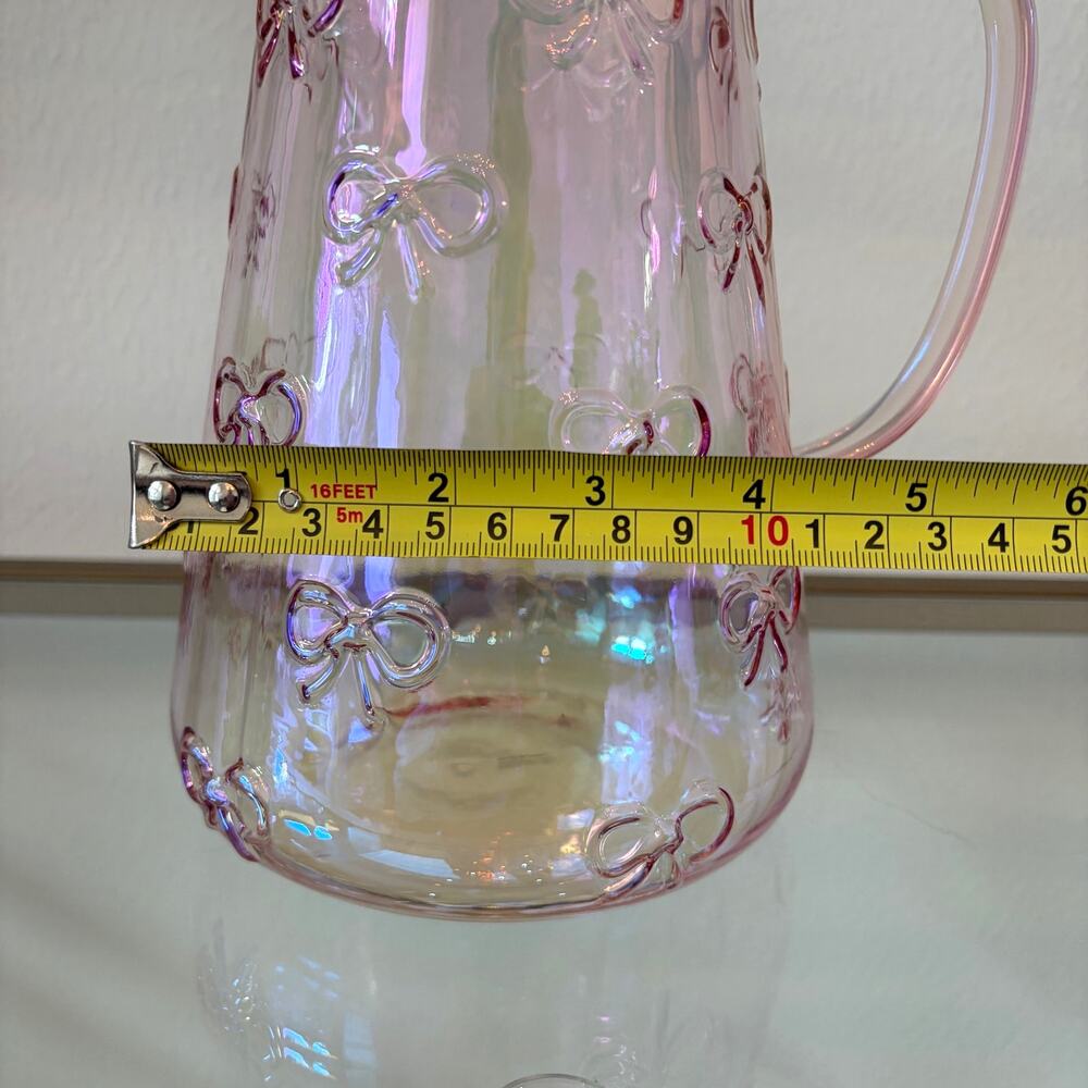BellaLux Embossed Bow PINK Luster Glass Pitcher 9.25in Chic Barware NEW - Picture 9 of 11